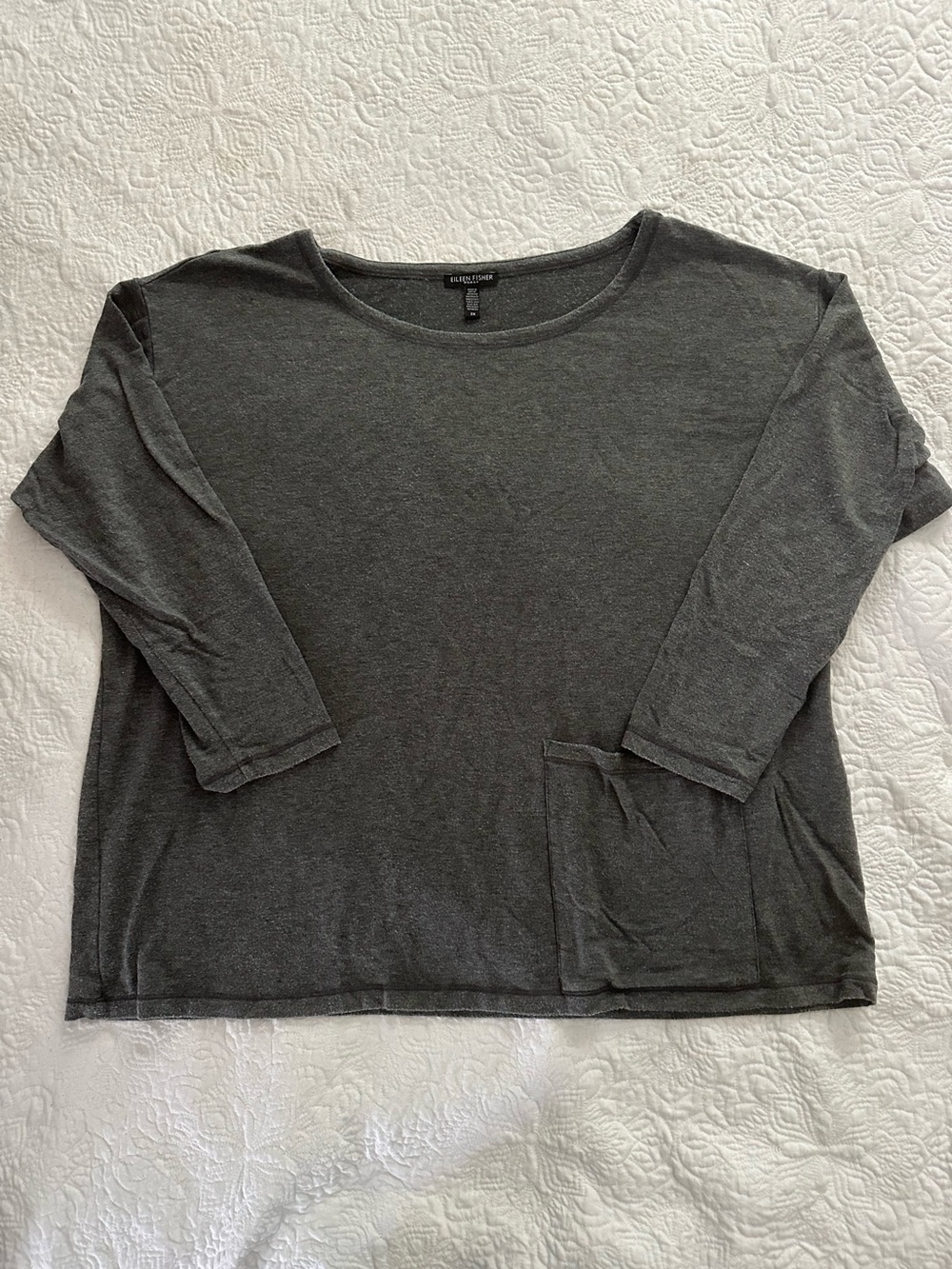 Eileen Fisher 2X Gray Long-Sleeve Boxy Pocket Tee Tencel Lyocell Minimalist